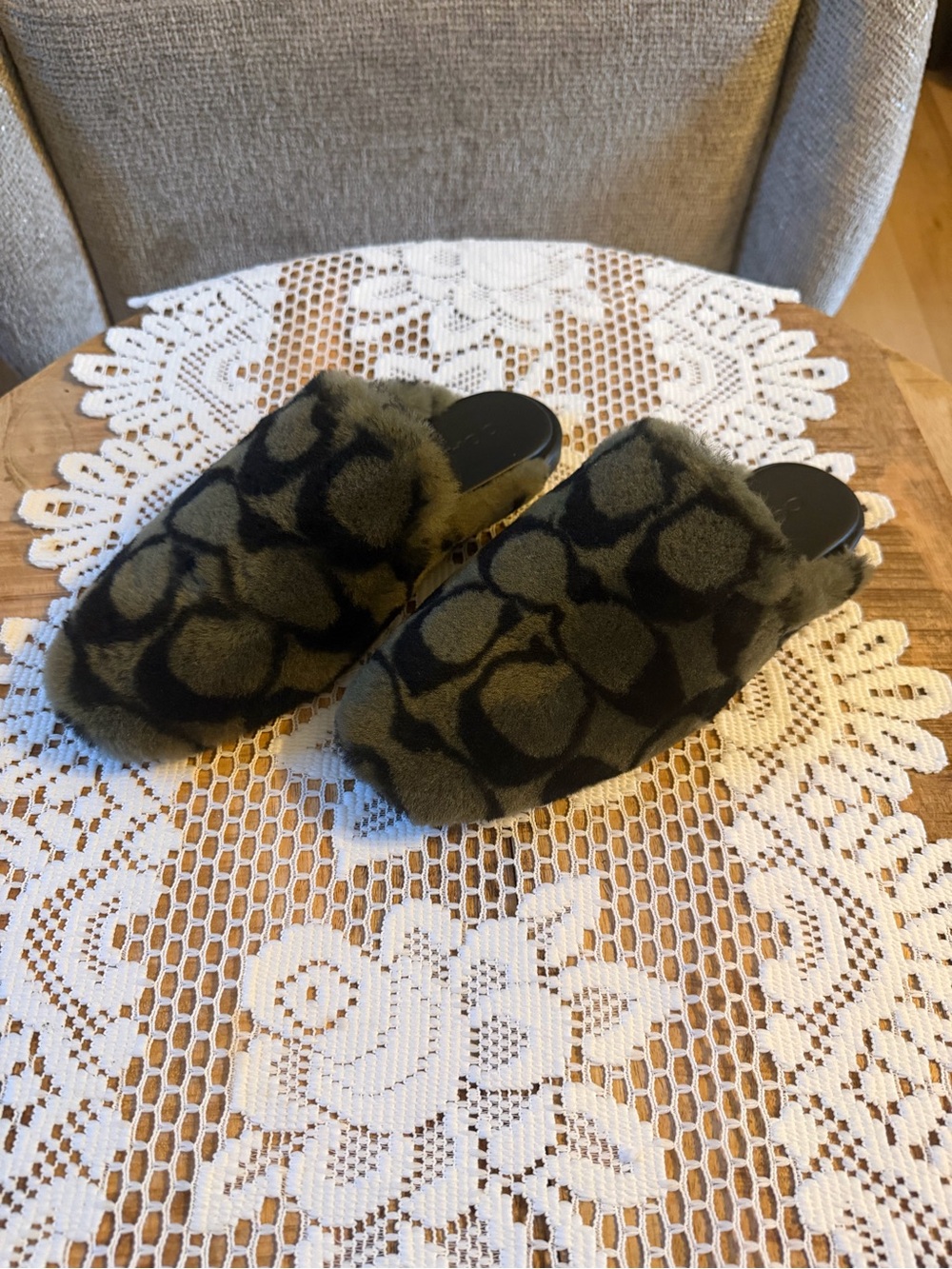 Coach Olive Green and Black Faux Fur Slide Slippers